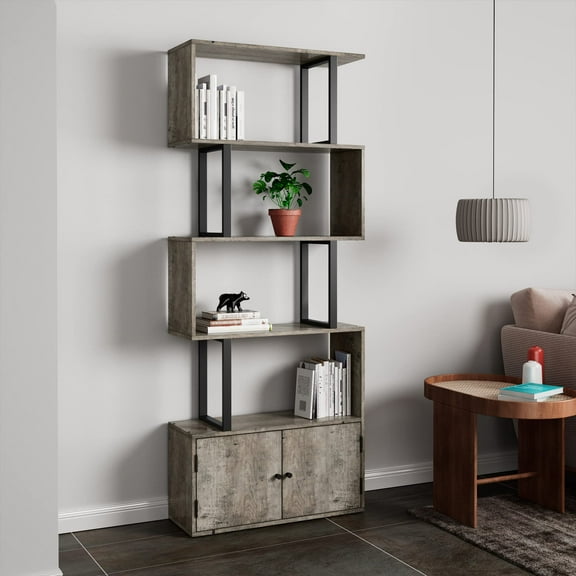 JESONVID S Shaped Bookshelf 5-Tier Z-Shaped Display Shelf and Bookcase Industrial Modern Normcore Freestanding Decorative Storage Bookshelves Shelving for Home Office Nudeivory