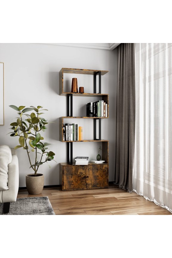 S Shaped Bookshelf 5-Tier Z-Shaped Display Shelf and Bookcase Industrial Vintage Freestanding Decorative Storage Bookshelves Shelving for Home Office (Rustic Brown)