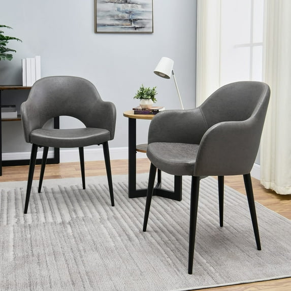 JESONVID Set of 2 Upholstered Dining Chair with Armrest, Modern Comfy Accent Arm Chair with Solid Round Metal Legs Dining Room Desk Side Chair Set for Home Kitchen Bedroom Living Room, Grey