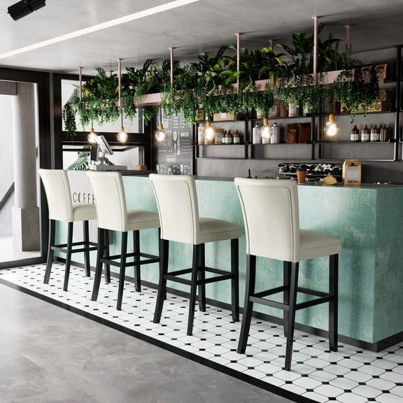 JESONVID Set of 4 Counter Height Bar Stools, 46"H Solid Wood Counter Stools Barstools Chairs with Upholstered Back for Bar Kitchen Restaurant, Ivory White GBY1331WT