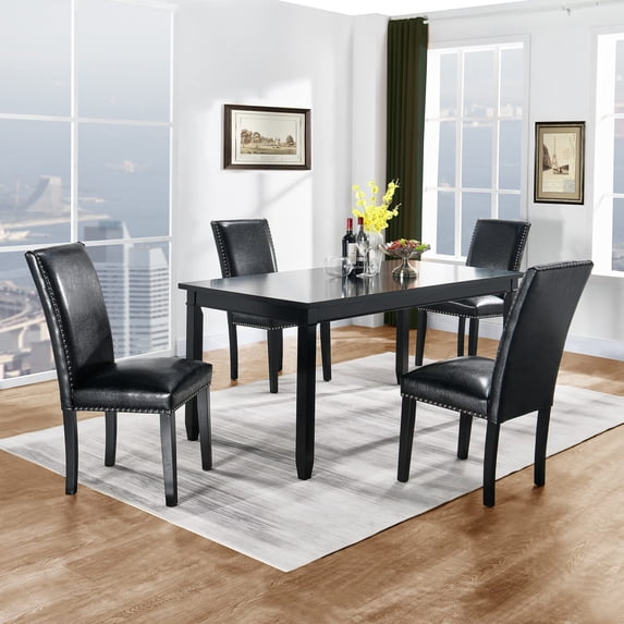 JESONVID Set of 4 Parsons Dining Chairs PU Leather Living Room Chair Upholstered Modern Kitchen Armless Side Chair with Solid Wood Legs Nail-Head Trim Surrounding-Black