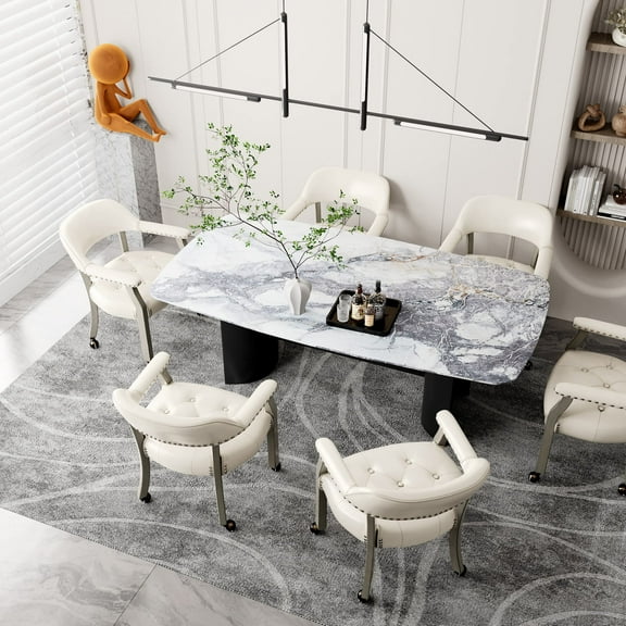 JESONVID Set of 6 Dining Chair with Casters, Captain's Chair with Caster Dining Chairs with Rollers Curving Backrest Dinette Sets Poker Chairs with Wheels Kitchen Table Rolling Chair,Grey&White