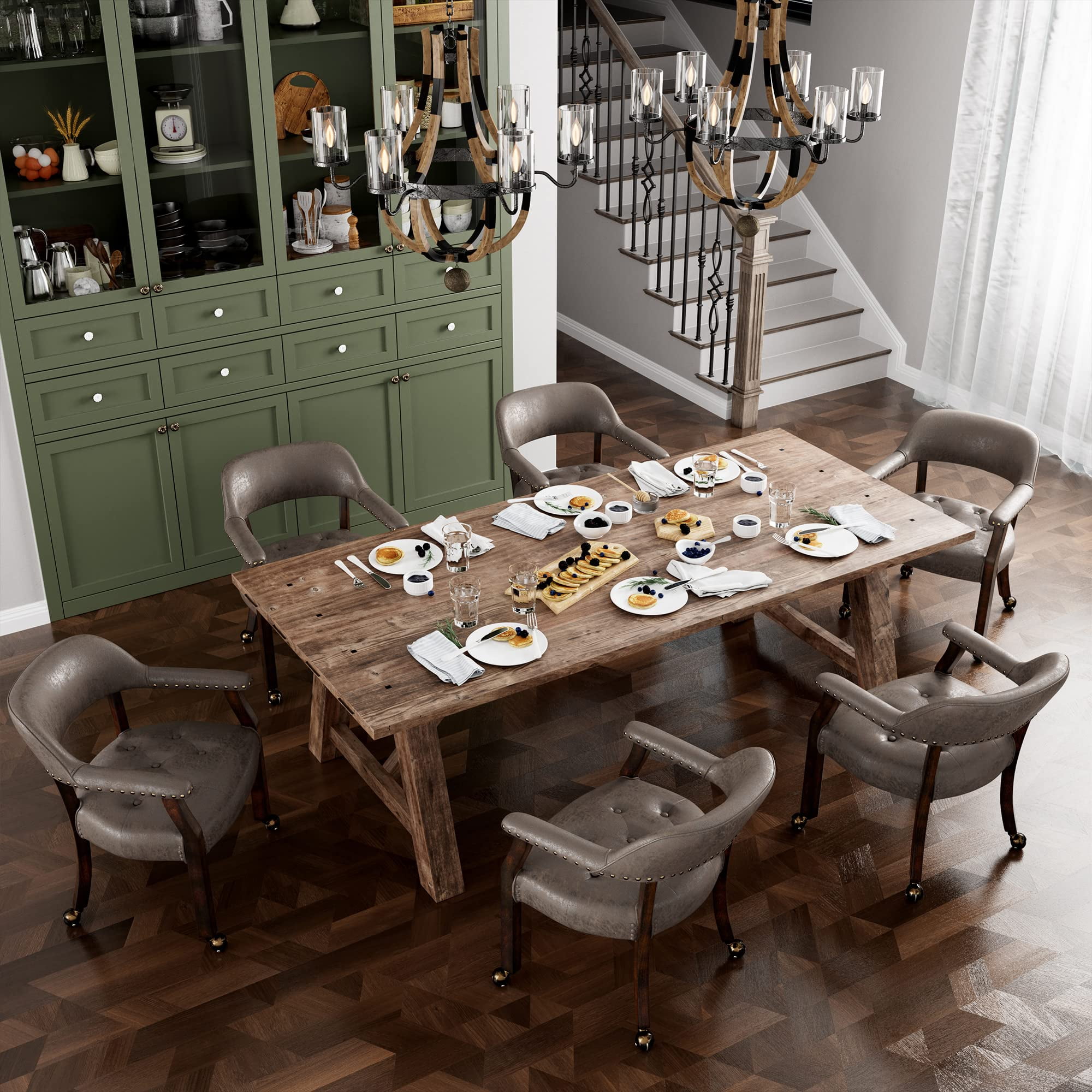 JESONVID Set of 6 Dining Chair with Casters, Captain's Chair with Caster Dining Chairs with Rollers Curving Backrest Dinette Sets Poker Chairs with Wheels Kitchen Table Rolling Chair,Dark Brown 318DK