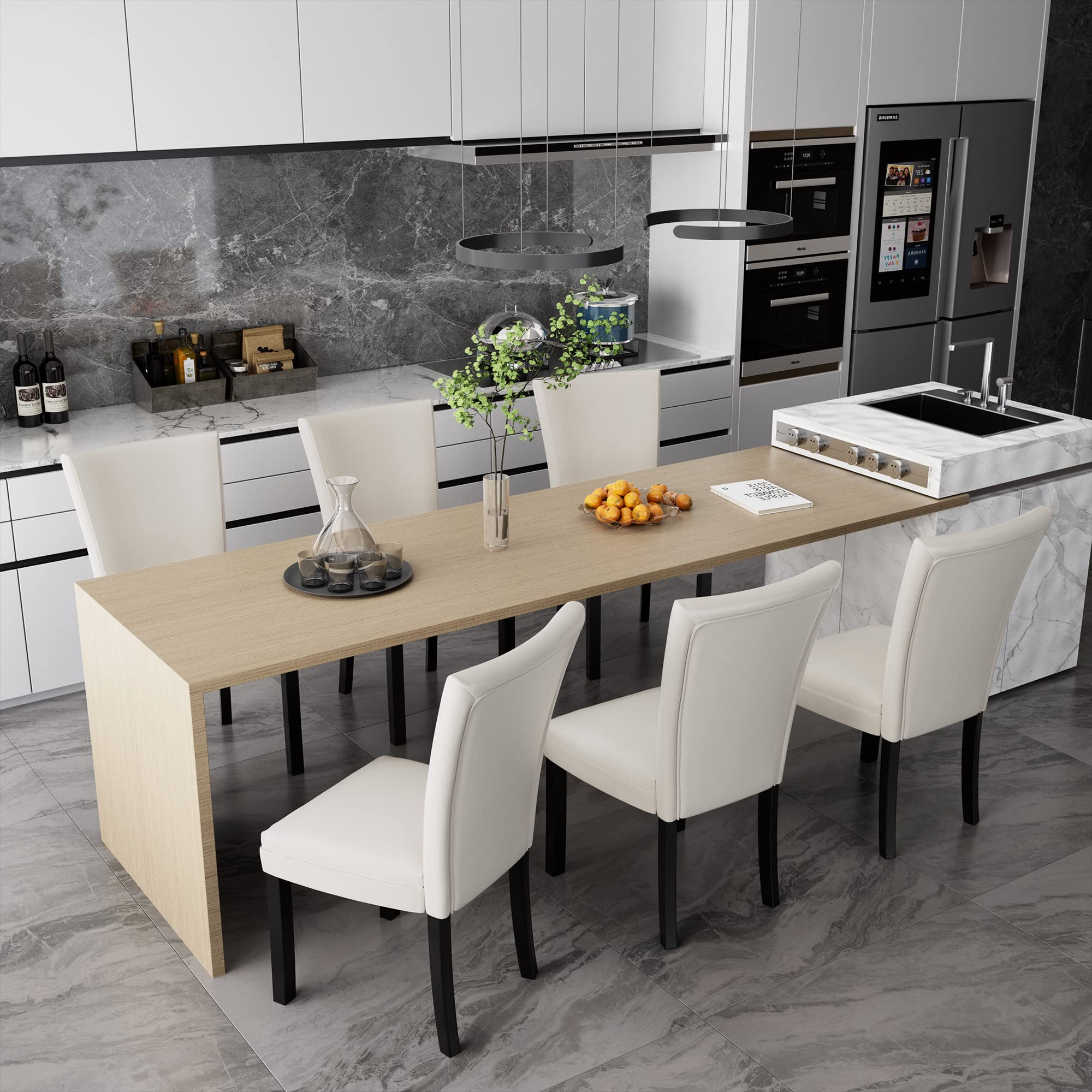 JESONVID Set of 6 Faux Leather Upholstered Parsons Dining Chair with High Backrest, Kitchen Accent Side Chairs with Solid Wood Legs Armless Dining Room Chair, Ivory White 1331WT