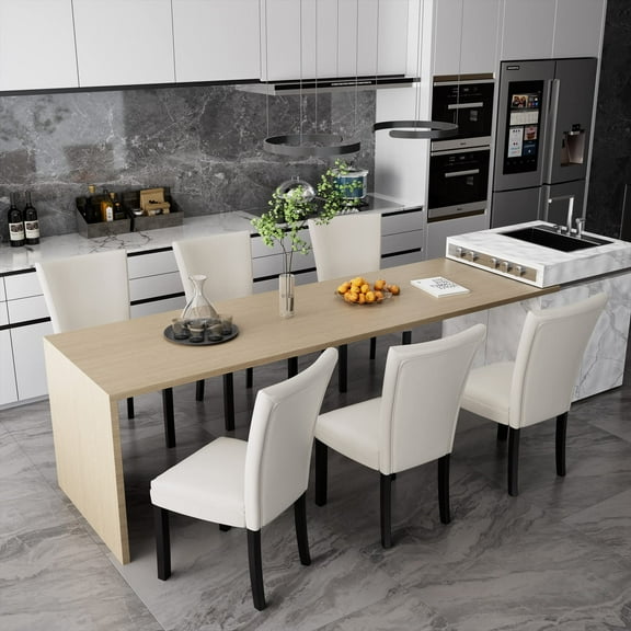 JESONVID Set of 6 Faux Leather Upholstered Parsons Dining Chair with High Backrest, Kitchen Accent Side Chairs with Solid Wood Legs Armless Dining Room Chair, Ivory White 1331WT