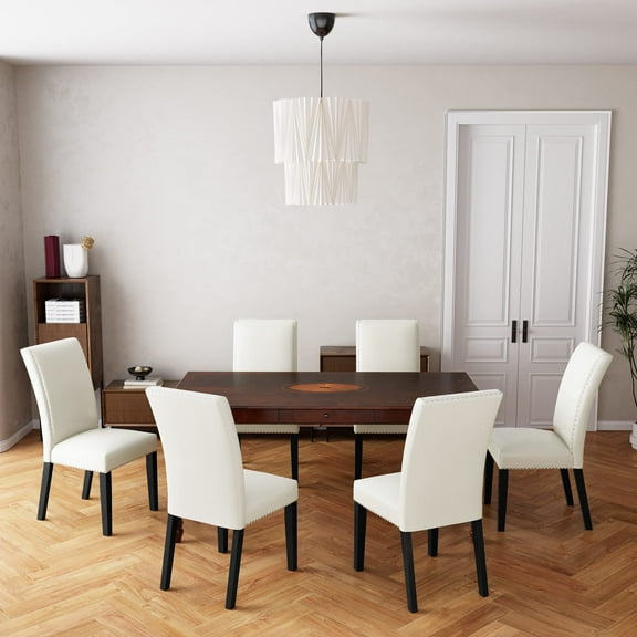 JESONVID Set of 6 Parsons Dining Chairs PU Leather Living Room Chair Upholstered Modern Kitchen Armless Side Chair with Solid Wood Legs Nail-Head Trim Surrounding-Ivory White