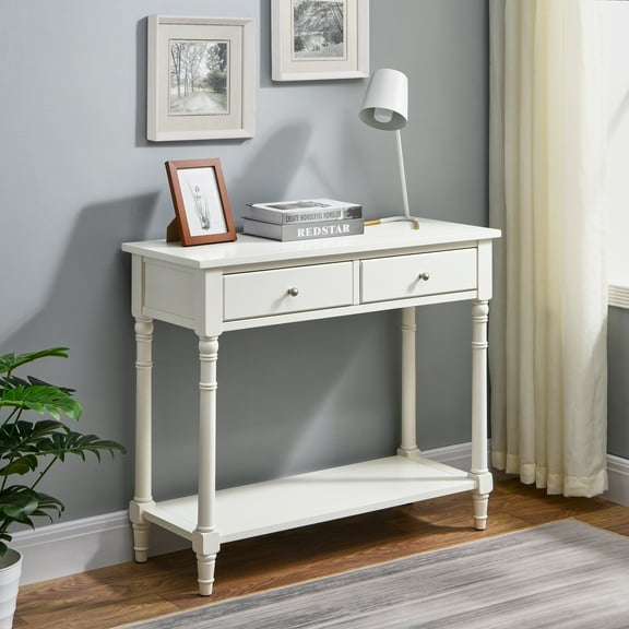 JESONVID Solid Wood Console Table with 2 Drawers, 2-Tier 35.4" X 30" Accent Sofa Table with Multilayer Storage Shelf Rustic Hall Entryway Tables for Living Room Home Office-White