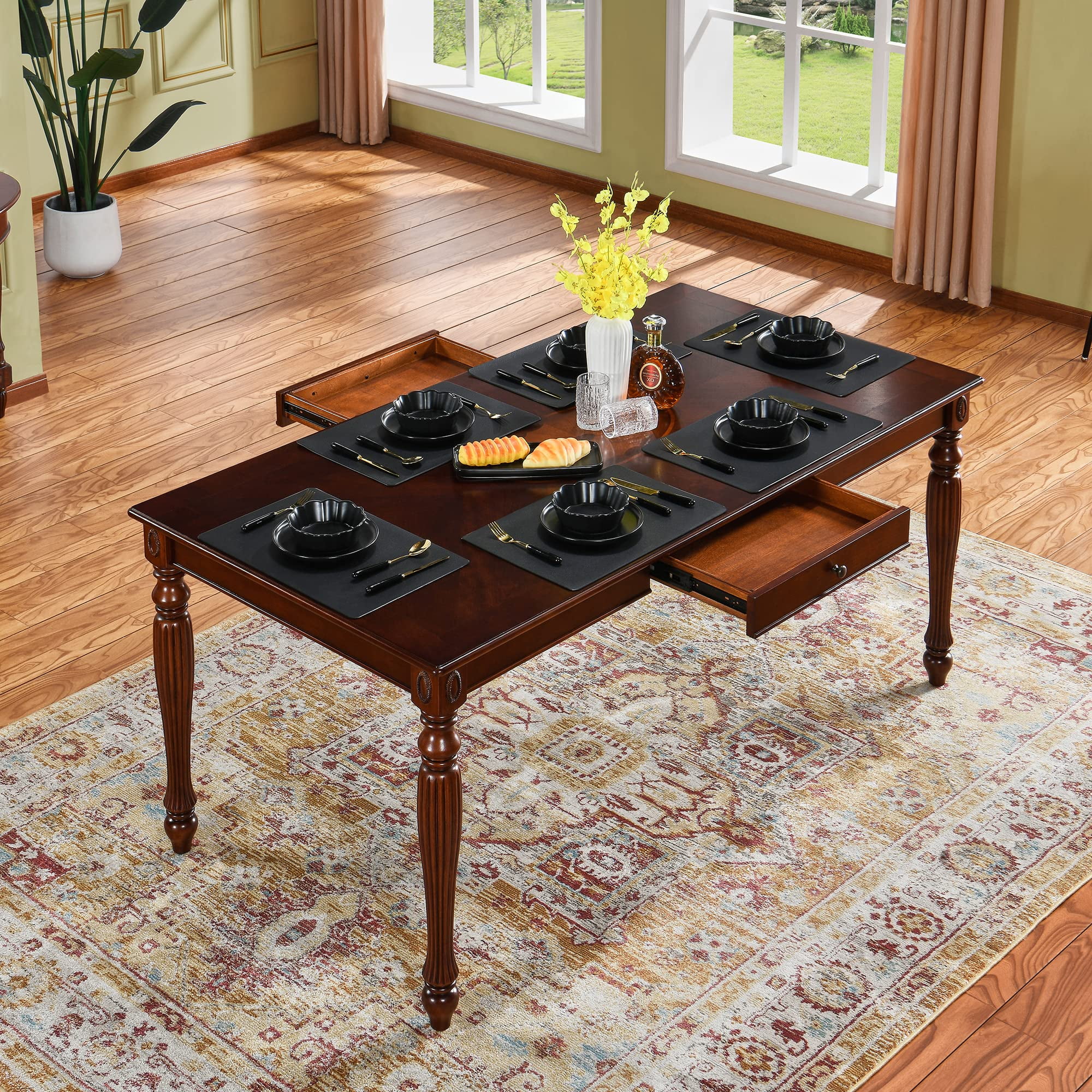 JESONVID Solid Wood Dining Table with Drawer 67.3 Kitchen Dining Room Tables Mid Century Style 6 8 Person Natural Cherry Wooden Rectangle Extension