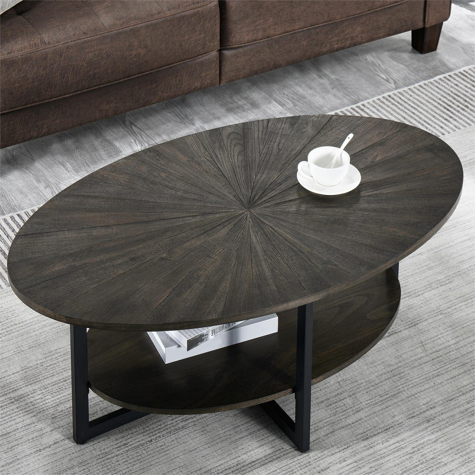 JESONVID Solid Wood Oval Coffee Table with Cross Metal Legs, 43.3" 2