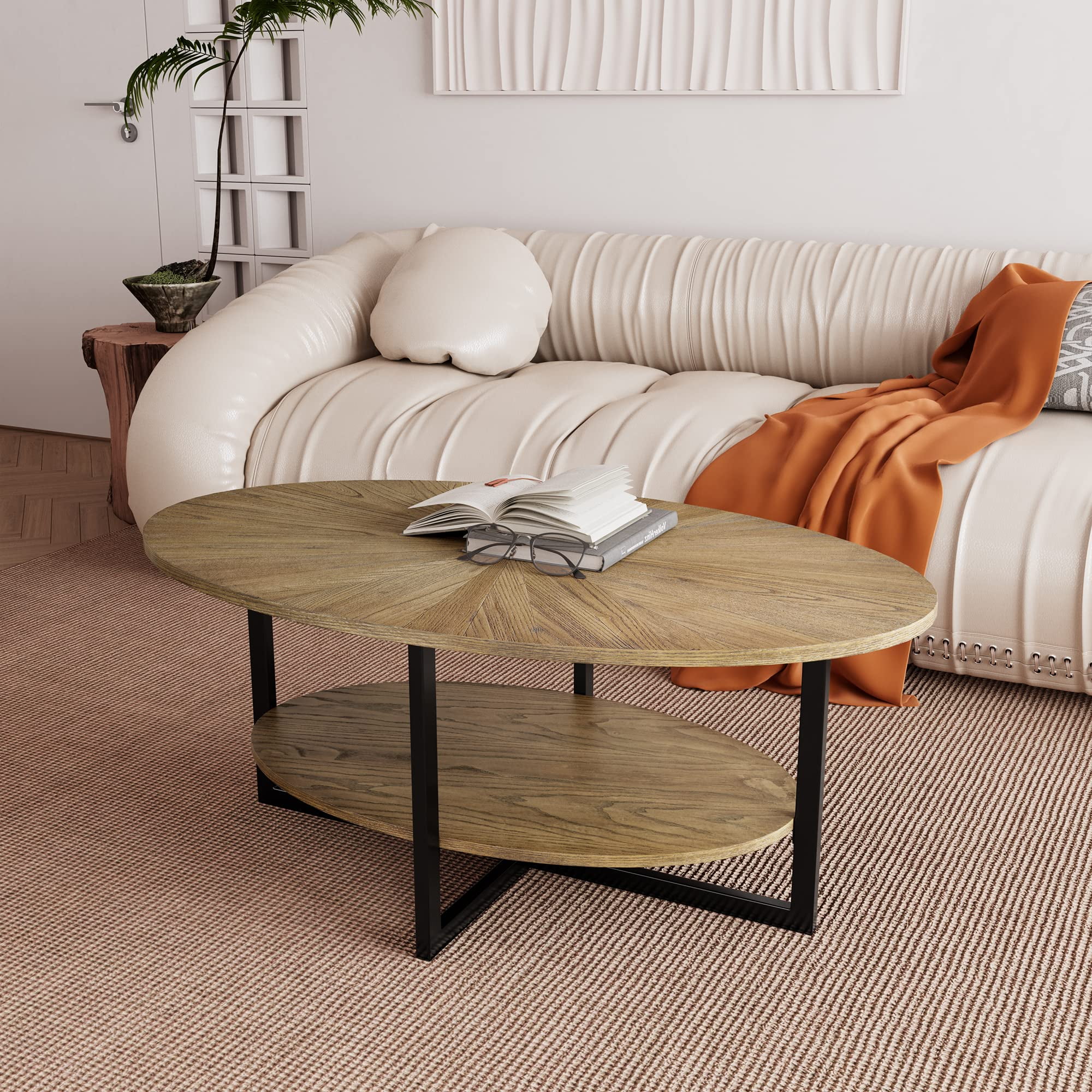 JESONVID Solid Wood Oval Coffee Table with Cross Metal Legs, 43.3" 2 ...
