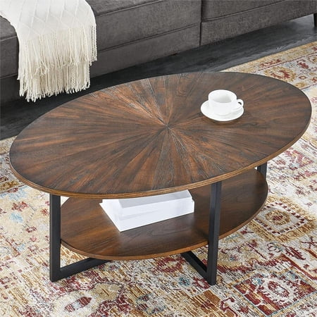 JESONVID Solid Wood Oval Coffee Table with Cross Metal Legs, 43.3" 2-Tier Modern Industrail Center Table with Open Shelf Polished Edging Cocktail Tea Table for Living Room Bedroom Home, Rustic Brown