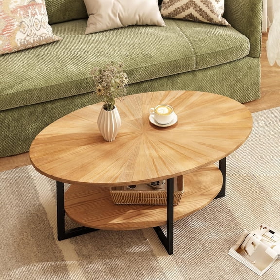 JESONVID Solid Wood Oval Coffee Table with Cross Metal Legs, 43.3in Modern Industrail Center Table with Open Shelf Cocktail Tea Table for Living Room Bedroom, Natural Wood Color KFZ-1811-OA