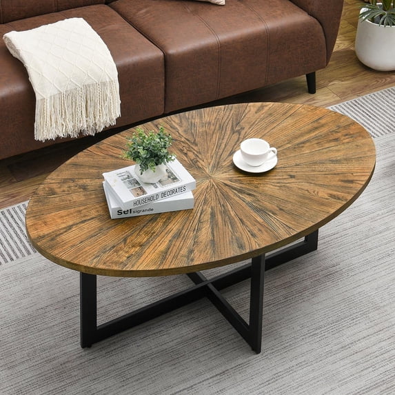 JESONVID Solid Wood Oval Coffee Table with Cross Metal Legs, 47.9" Industrail Bar Cocktail Table for Living Room Kitchen Office Sofa Table Bristro Table for Cafe/Bar Rustic Brown 1831