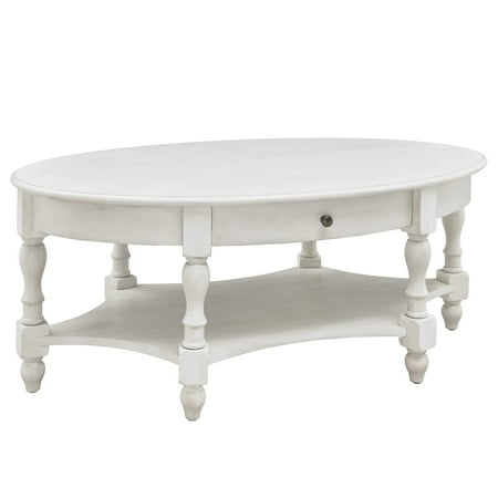 JESONVID Solid Wood Oval Coffee Table with Drawer and Storage Shelf, 44.9" Traditional Retro Center Table Polished Edging Cocktail Tea Table for Living Room Bedroom Home, Antique White