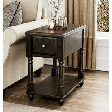 JESONVID Solid Wood Rectangular End Table with Storage, Antique Black