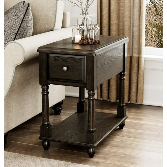 JESONVID Solid Wood Rectangular End Table with Storage, Antique Black