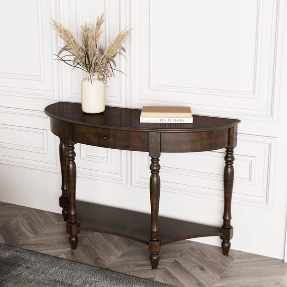 JESONVID Solid Wood Sofa Table with Drawer and Storage Shelf, 45.3" Traditional Retro Semi-Circle Entryway Table Polished Edging Half-Moon Narrow Table for Living Room Hallway Home, Vintage Walnut