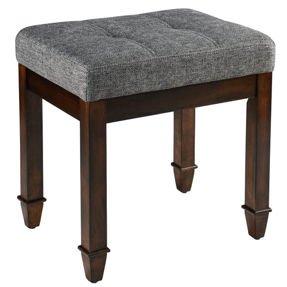 JESONVID Solid Wood Upholstered Vanity Bench, Fabric Tufted Foot Stool Small Vintage Ottoman with Padded Cushion Seat Carved Footrest Rustic Legs for Bedroom Living Room Light Grey 318DG