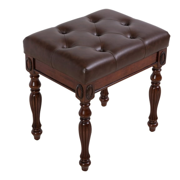 JESONVID Solid Wood Upholstered Vanity Bench, Small Vintage Ottoman Leather Tufted Foot Stool with Padded Cushion Seat Carved Footrest Rustic Legs for Bedroom Living Room 1533BN(Retro Brown)