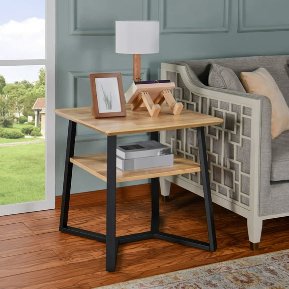 JESONVID Square End Table with Metal Frame, 23.6" 2-Tier Nature Textured Wood Modern Industrial Sofa Side Table Beside Nightstand for Living Room Bedroom Homeoffice, Rustic Nature CJZ21418