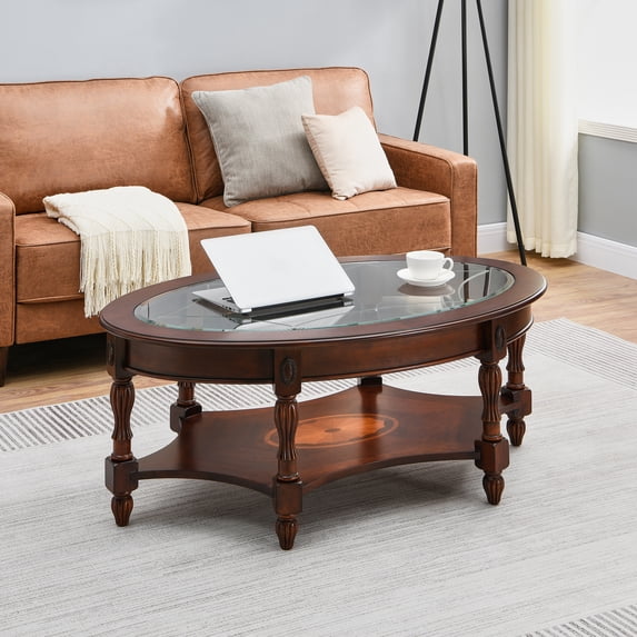 JESONVID Traditional Solid Wood Oval Coffee Table with Tempered Glass ...