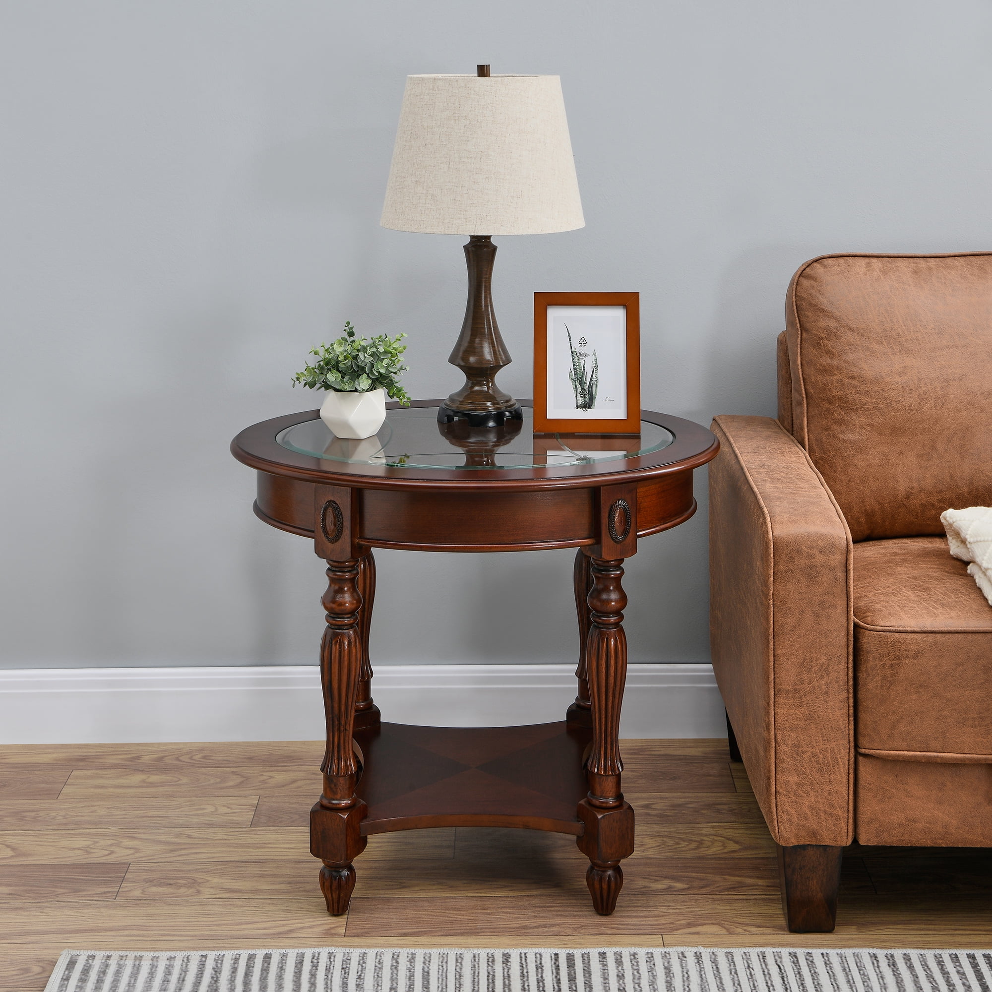 JESONVID Traditional Solid Wood Oval End Table with Tempered Glass Top，2 tier Side Table for Living Room Bedroom,Cherry Walnut