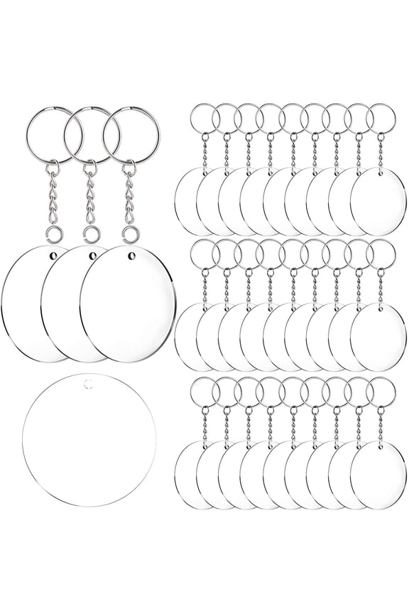 Acrylic Keychain Blanks, 30 Pcs 2 Inch Diameter Round Acrylic Clear Discs Circles with 30 Pcs Metal Split Key Chain Rings