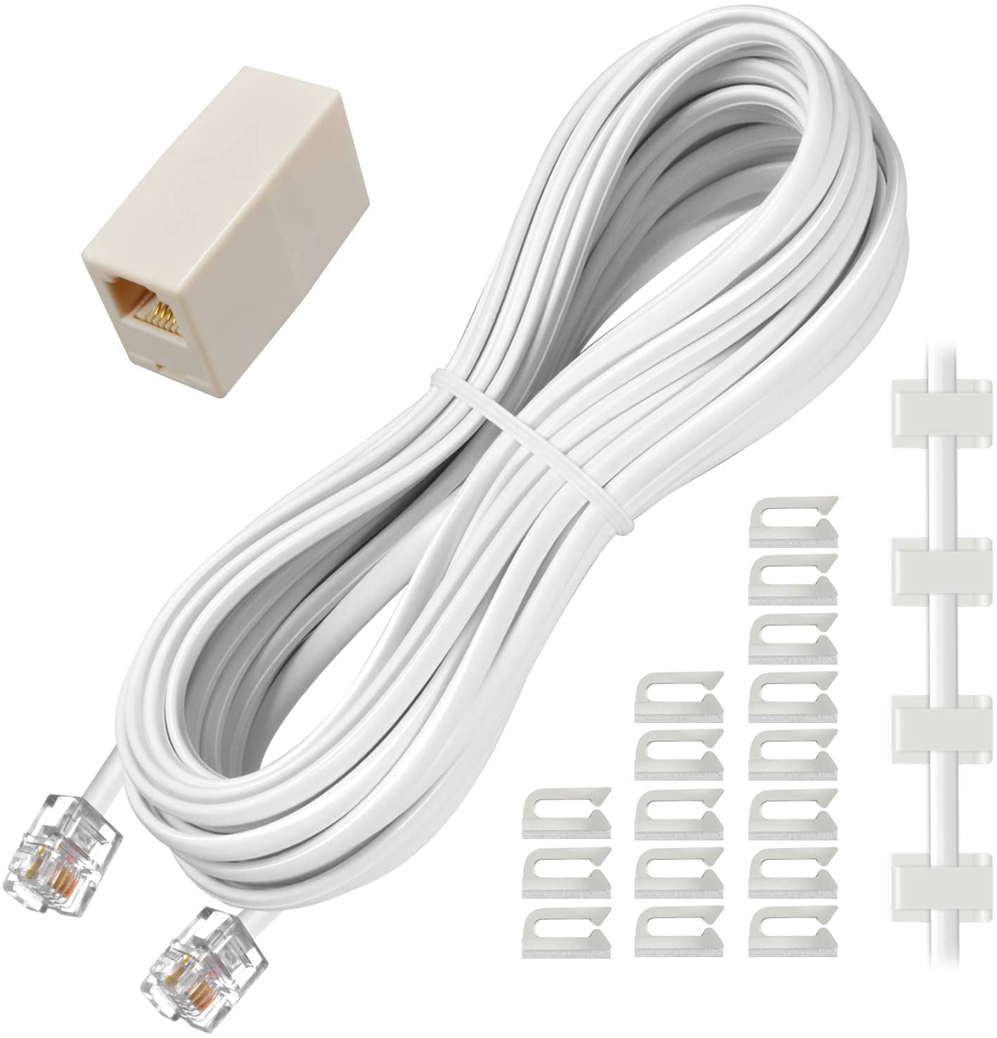 JESOT Phone Extension Cord 25 Ft, Telephone Cable with Standard RJ11 Plug and 1 in-Line Couplers and 20 Cable Clip Holders, White
