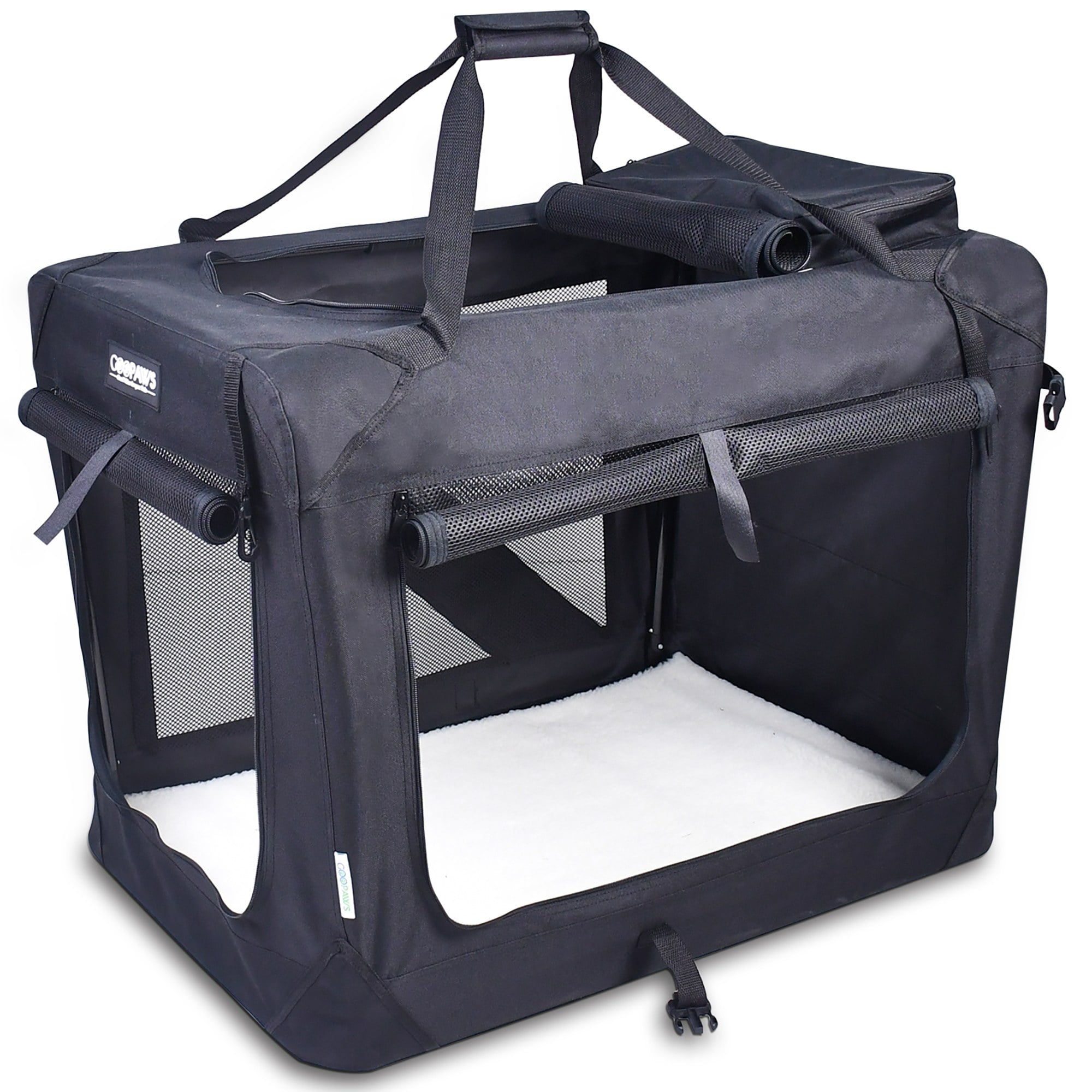JESPET: 30" Soft Pet Crate - Black - Dogs & Cats Up to 50 lbs, 3 Door Folding Kennel, Indoor Outdoor Travel Carrier, Mesh Windows, Fleece Mat, GooPaws
