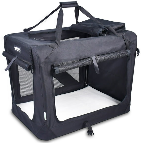 JESPET: 30" Soft Pet Crate - Black - Dogs & Cats Up to 50 lbs, 3 Door Folding Kennel, Indoor Outdoor Travel Carrier, Mesh Windows, Fleece Mat, GooPaws
