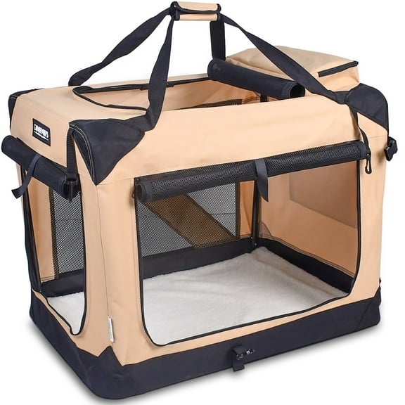 JESPET: 36" Soft Pet Crate - Beige - Dogs & Cats Up to 70 lbs, 3 Door Folding Kennel, Indoor Outdoor Travel Carrier, Mesh Windows, Fleece Mat, GooPaws