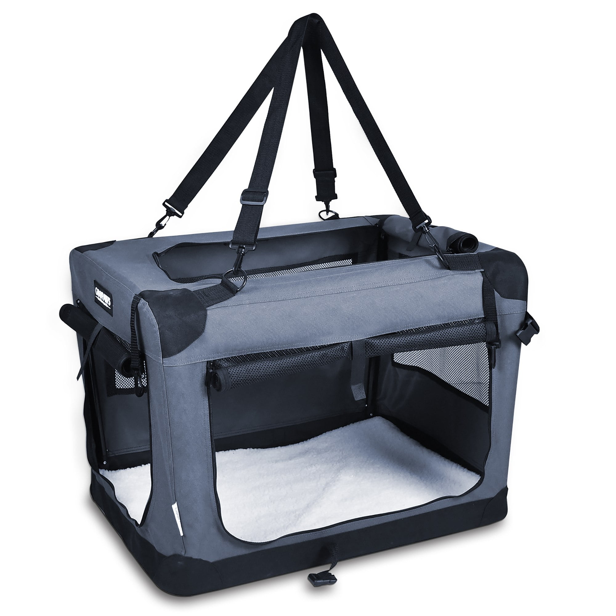 JESPET & GOOPAWS: 27" Soft Pet Crate - Grey - Dogs & Cats Up to 35 lbs, 3 Door Folding Kennel, Indoor Outdoor Travel Carrier, Mesh Windows, Fleece Mat
