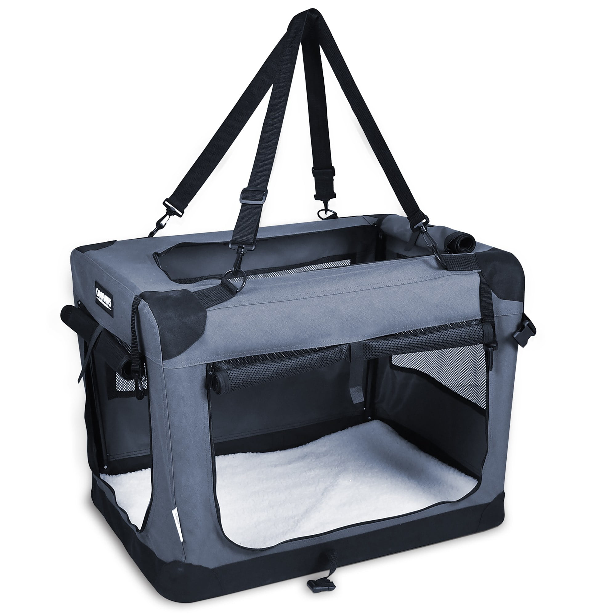 JESPET & GOOPAWS: 36" Soft Pet Crate - Grey - Dogs & Cats Up to 70 lbs, 3 Door Folding Kennel, Indoor Outdoor Travel Carrier, Mesh Windows, Fleece Mat