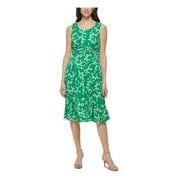 JESSICA HOWARD PETITES Womens Green Ruched Zippered Partially Lined Floral Sleeveless Scoop Neck Below The Knee Shift Dress Petites 4P