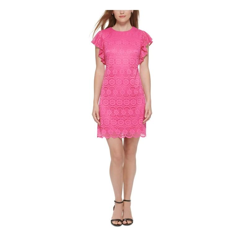 JESSICA HOWARD PETITES Womens Pink Zippered Scalloped Lace Keyhole Back Sheer Floral Flutter Sleeve Round Neck Above The Knee Sheath Dress Petites 6P Walmart