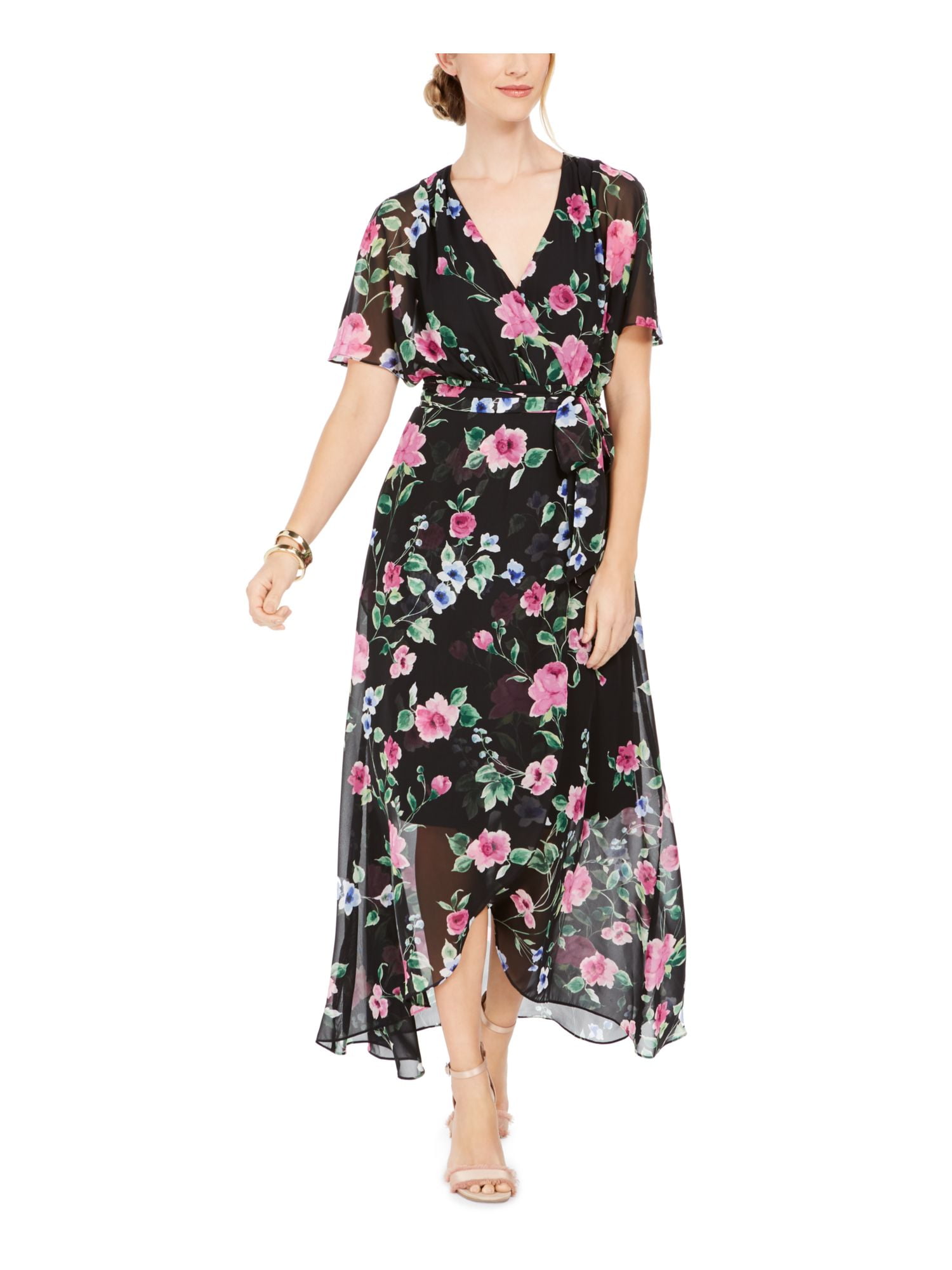 JESSICA HOWARD Womens Black Floral Short Sleeve V Neck Maxi Hi-Lo Dress  Size: 8 - Walmart.com