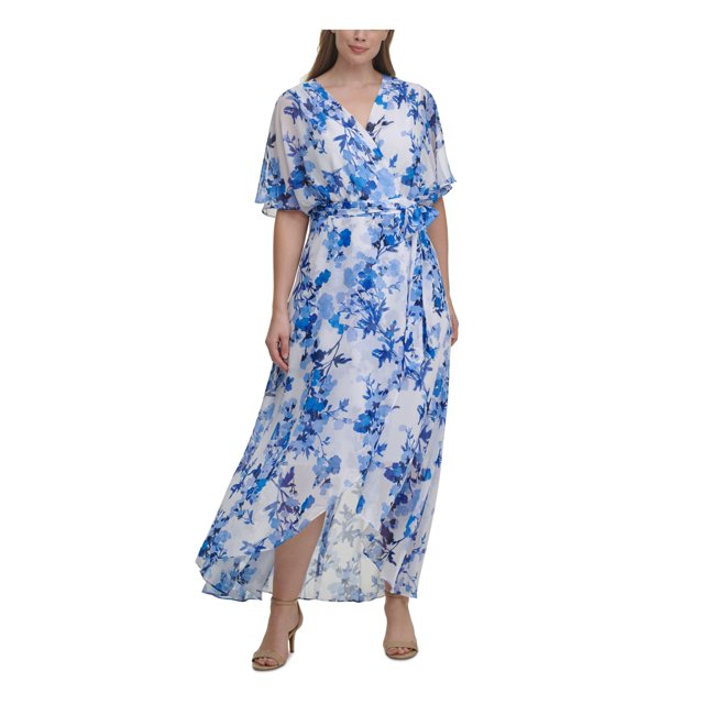 JESSICA HOWARD Womens Blue Zippered Tie Lined Floral Short Sleeve