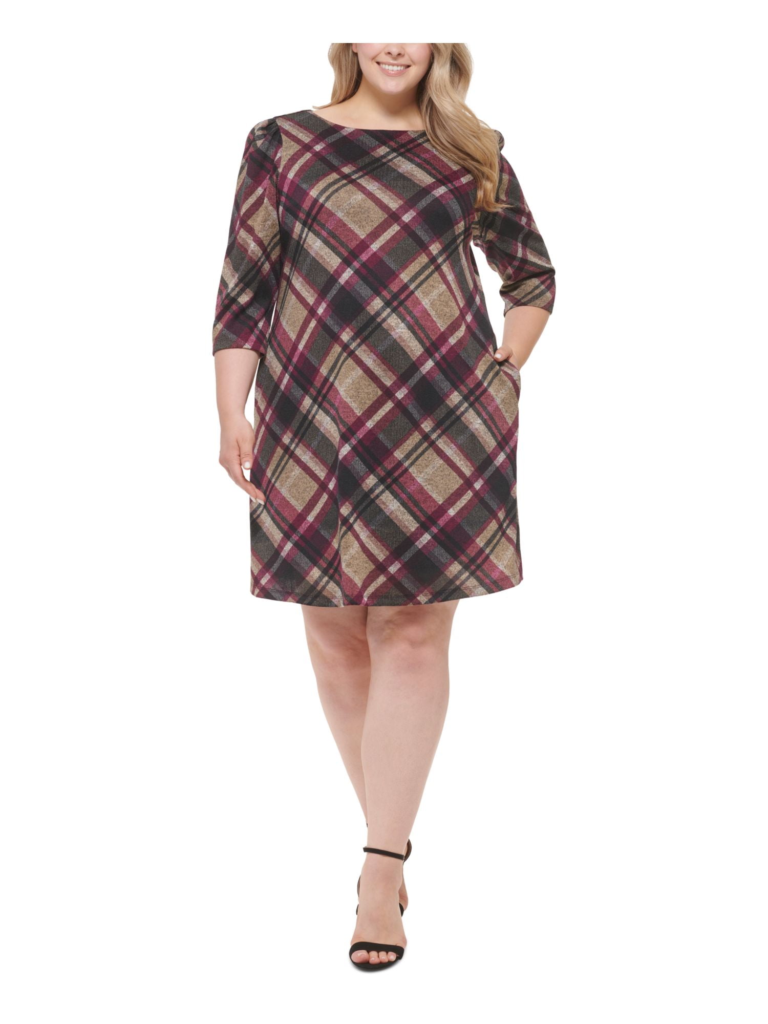 JESSICA HOWARD Womens Burgundy Lined Pocketed Keyhole Back Pullover Plaid  3/4 Sleeve Round Neck Knee Length Fit + Flare Dress Plus 2X - Walmart.com
