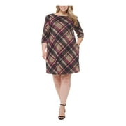 JESSICA HOWARD Womens Burgundy Lined Pocketed Keyhole Back Pullover Plaid 3/4 Sleeve Round Neck Knee Length Fit + Flare Dress Plus 2X