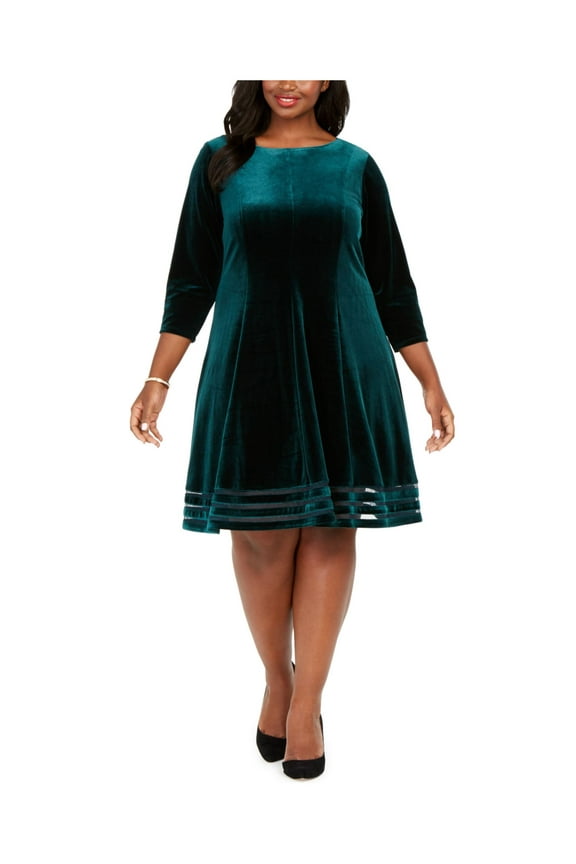 Womens Green 3/4 Sleeve Knee Length Fit + Flare Dress Plus 16W