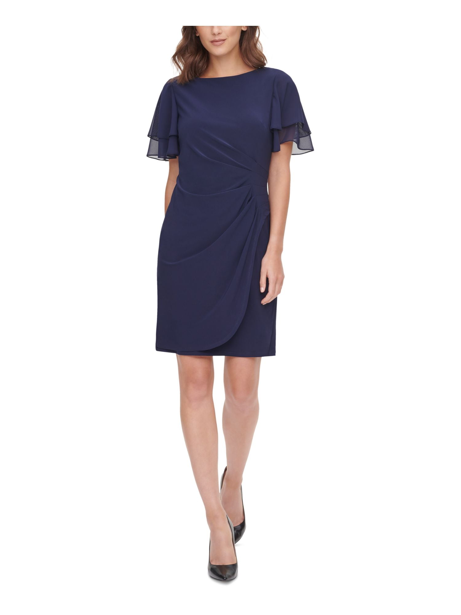 JESSICA HOWARD Womens Navy Ruched Flutter Jewel Neck Above The Knee