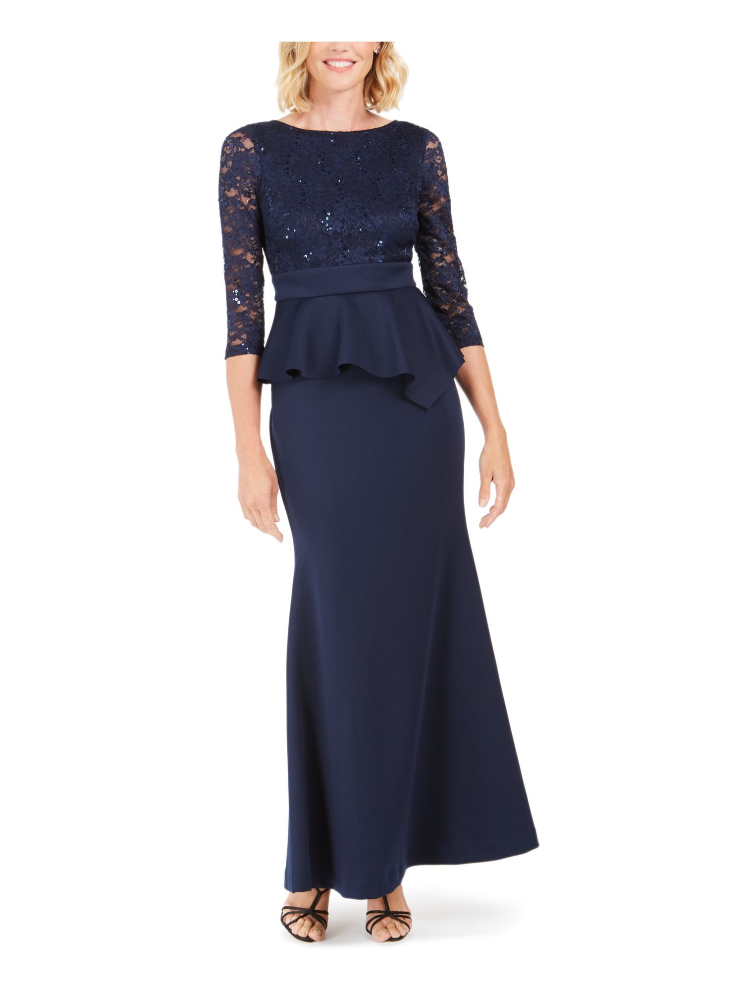 JESSICA HOWARD Womens Navy Ruffled Long Sleeve Jewel Neck Maxi