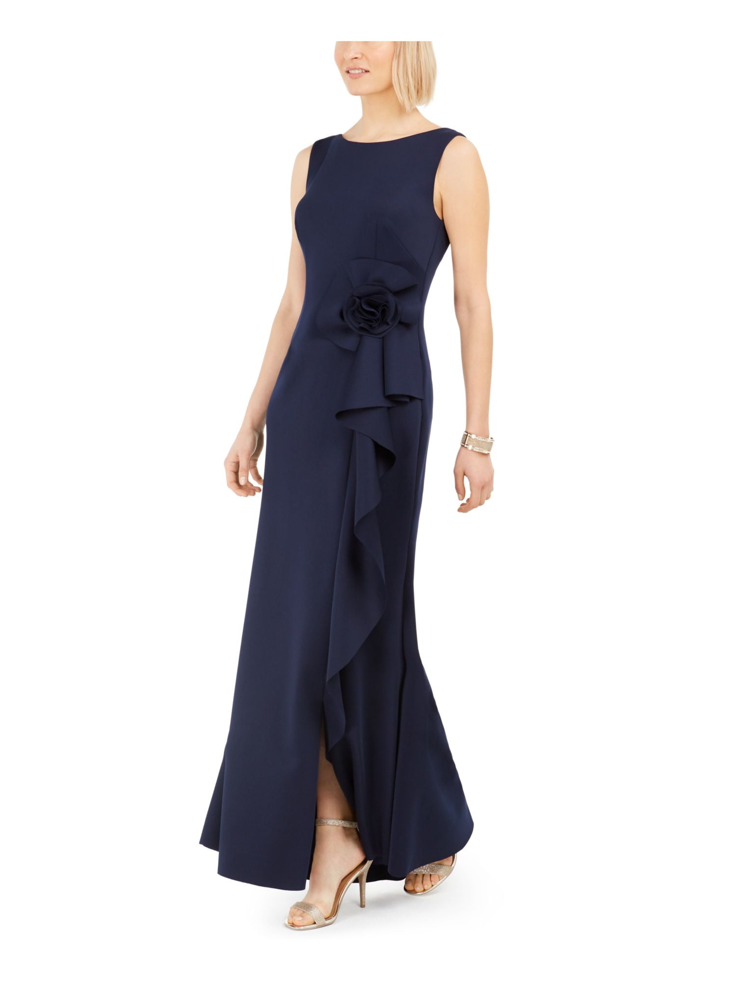 JESSICA HOWARD Womens Navy Ruffled Sleeveless Jewel Neck Maxi