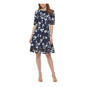 JESSICA HOWARD Womens Navy Zippered Mesh Insets Lined Floral Elbow Sleeve Round Neck Above The Knee Wear To Work Fit + Flare Dress Petites 12P