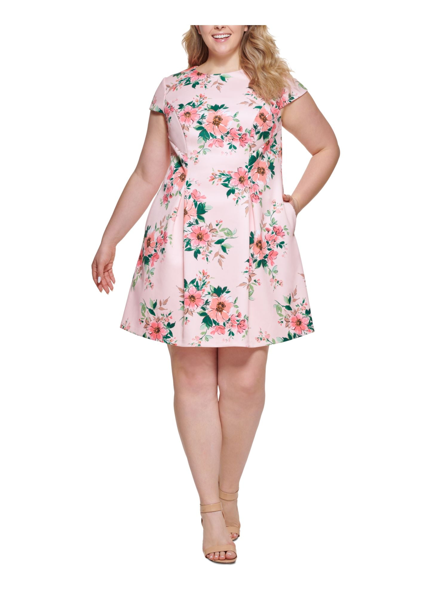 JESSICA HOWARD Womens Pink Zippered Pleated Floral Cap Sleeve Jewel Neck  Above The Knee Party Fit + Flare Dress Plus 16W - Walmart.com