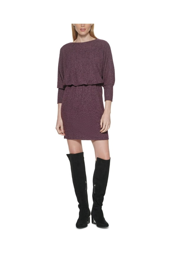 Womens Purple Knit Ribbed Elasticized Waist Dolman Sleeve Boat Neck Short Wear To Work Blouson Dress 8