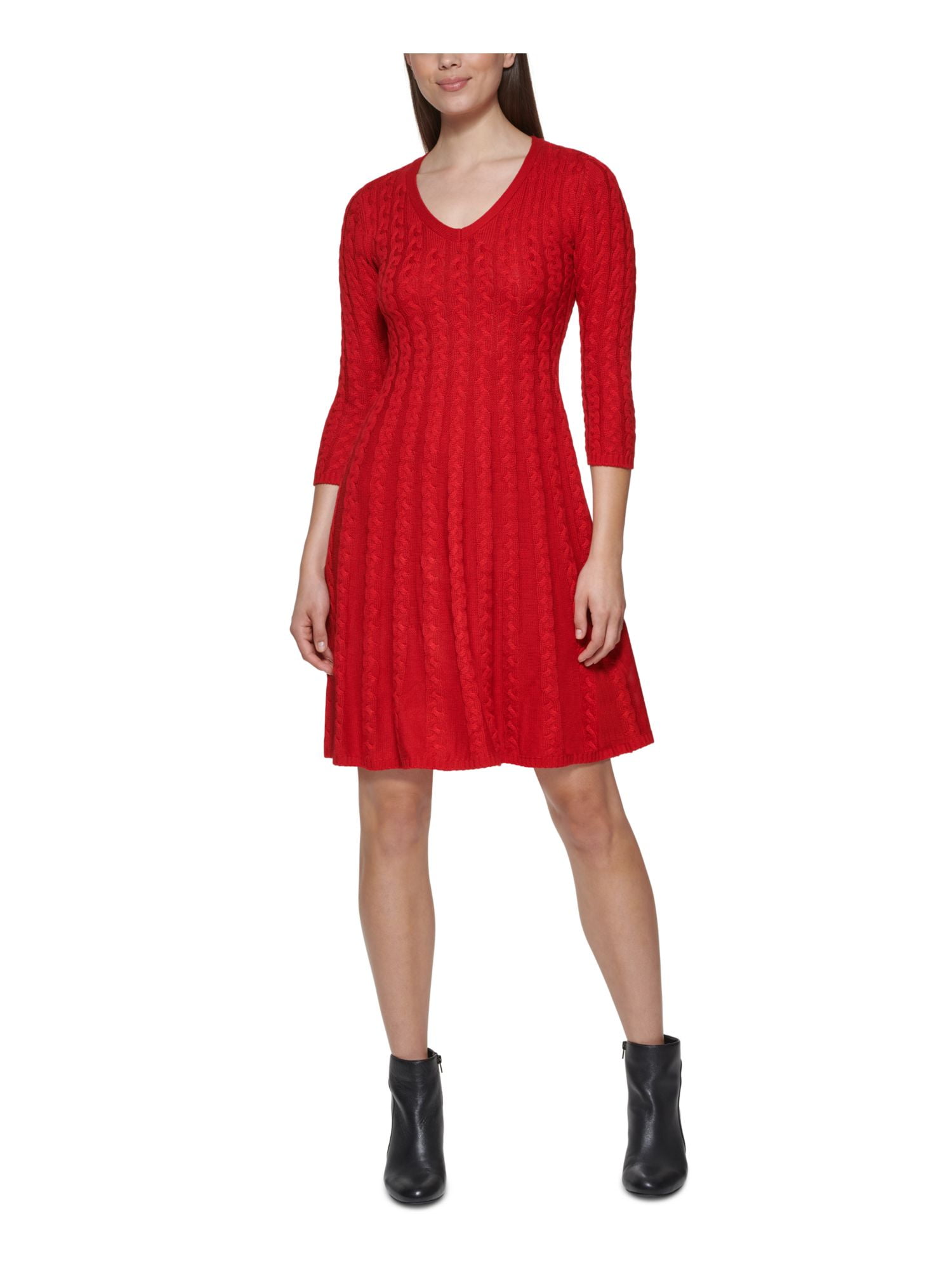 JESSICA HOWARD Womens Red 3/4 Sleeve V Neck Above The Knee Wear To Work  Sweater Dress Petites PL 