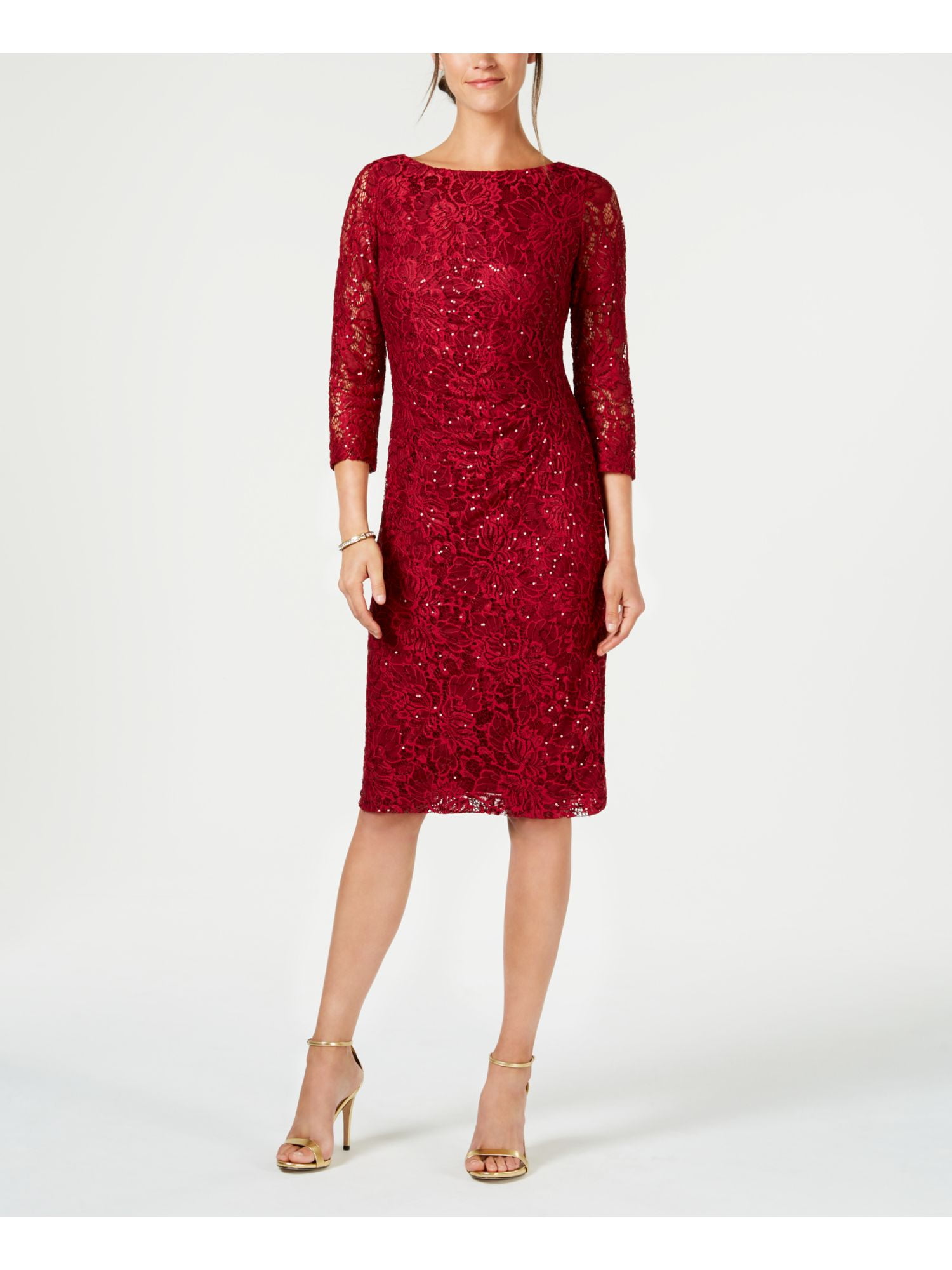 JESSICA HOWARD Womens Red Sequined Long Sleeve Jewel Neck Below The Knee Cocktail Sheath Dress Petites 8P