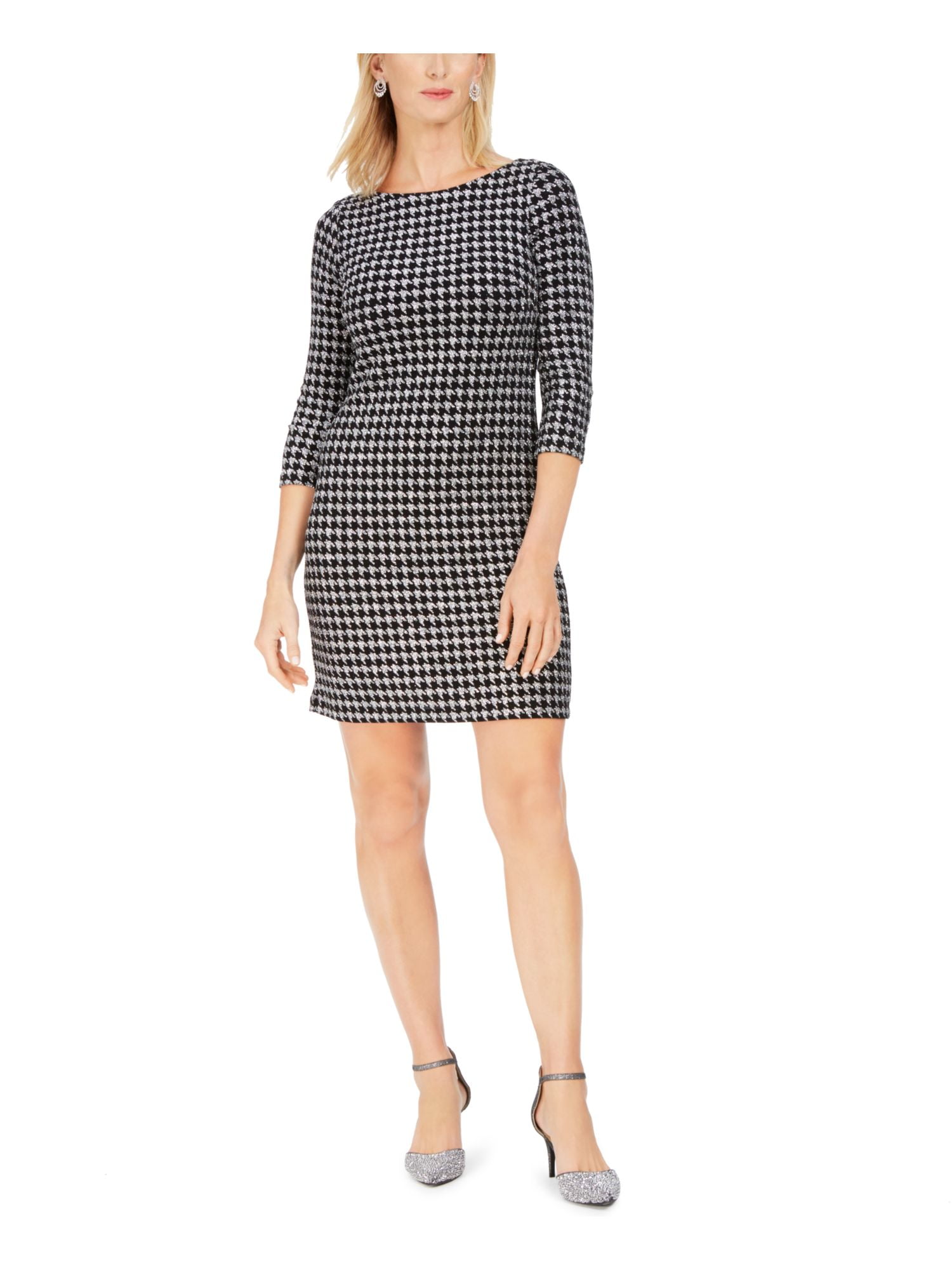 JESSICA HOWARD Womens Silver Glitter Zippered Houndstooth 3/4 Sleeve Jewel Neck Short Cocktail Sheath Dress Petites 8P