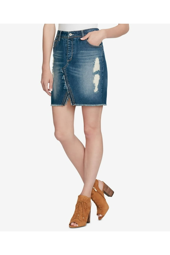 $70 Womens New 1136 Blue Frayed Slitted Skirt 28 Waist B+B